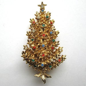 Vintage 50s Signed Gold ART Rhinestone Jeweled Christmas Tree Pin Brooch