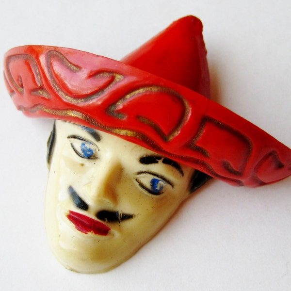 Vintage 40s Celluloid Mexican Sombrero Man Figural Brooch Pin
