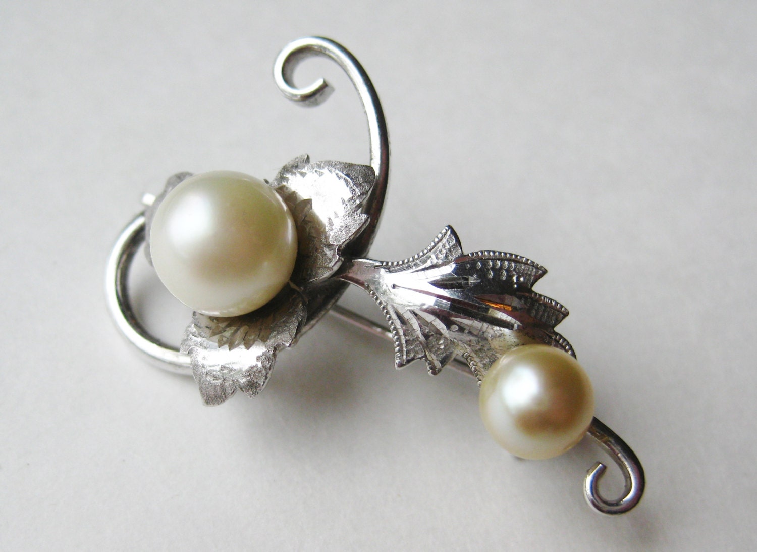 Vintage Mikimoto Style Sterling Silver Faux Pearl Branch Pin Brooch