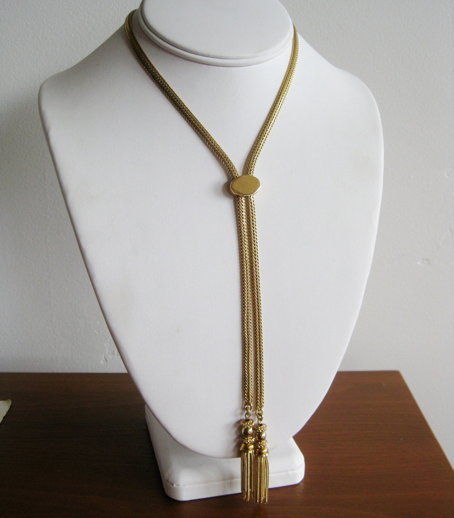 Vintage 70s Gold Necklace Slide Lariat Rope Chain Tassel Etsy