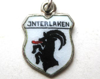 Interlaken Switzerland Charm 800 Silver Enamel Travel Shield Vintage Souvenir Bracelet Charm