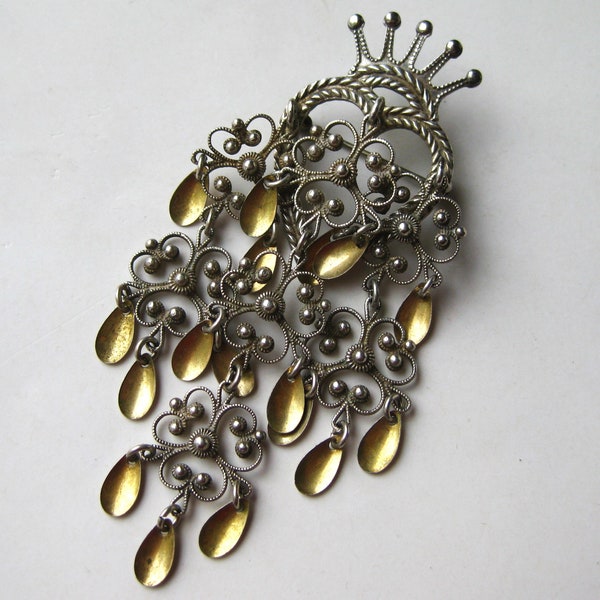 Vintage Norwegian Ivar Holth Sterling Silver Heart & Crown Solje Drop Dangle Brooch Pin