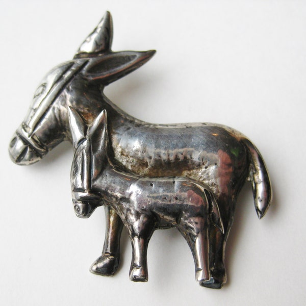 Vintage 40s Taxco Mexican Sterling Silver Donkeys Figural Brooch Pin