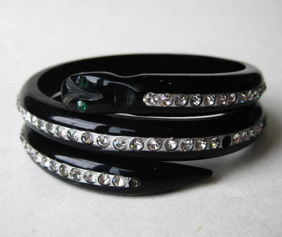 Snake Bracelet Art Deco Carved Black Bakelite Ser… - image 1