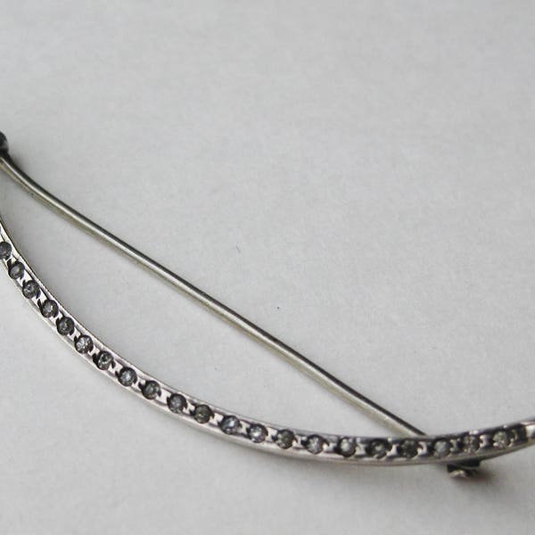 Vintage Sterling Silver Paste Rhinestone Art Deco Crescent Moon Brooch Pin