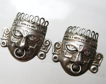 Vintage 40s Taxco Mexican Sterling Silver Mayan Mask Face Screw Back Earrings