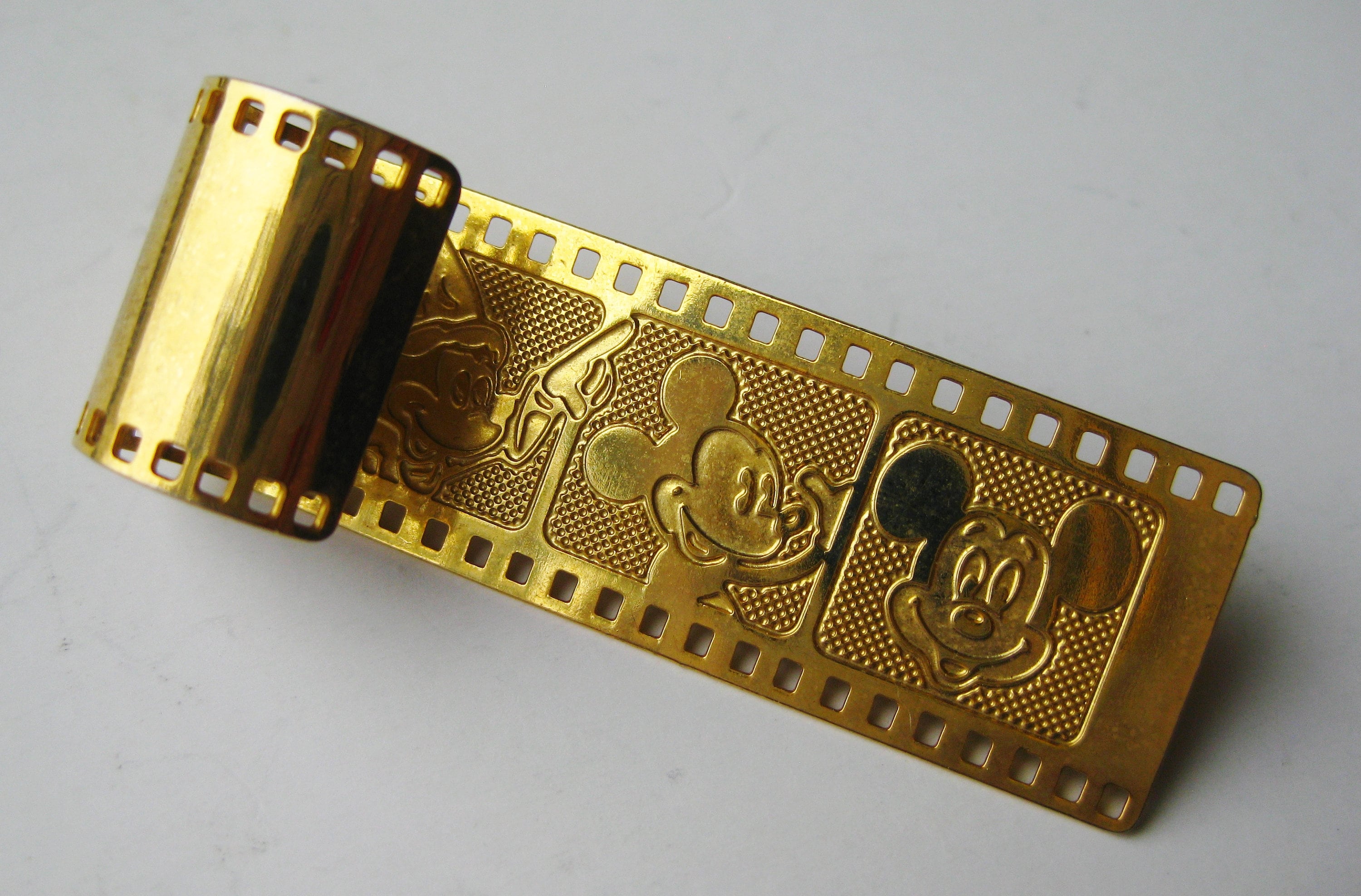 Vintage 80s Walt Disney Gold Mickey Mouse Movie Film Strip Brooch Pin
