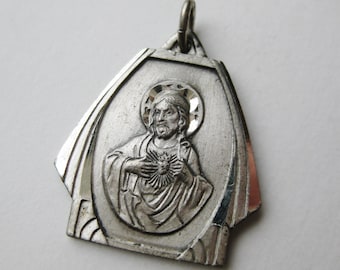 Vintage Immaculate Heart of Jesus Our Lady of Mount Carmel Devotional Sterling Silver Necklace Pendant