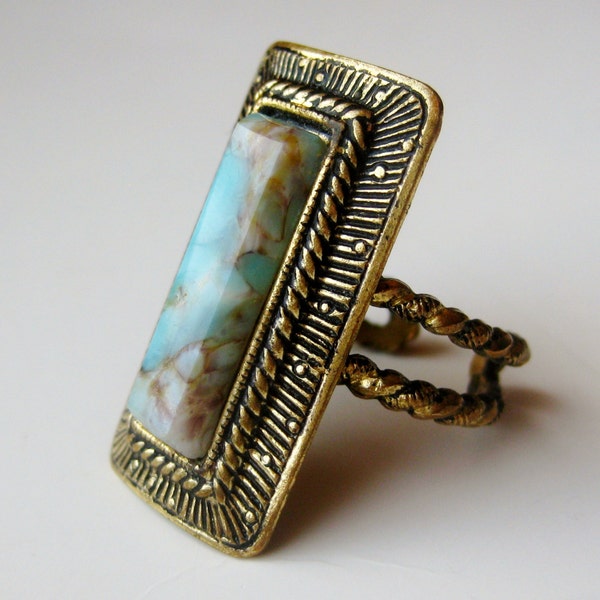 Vintage 20s 30s Art Deco Gold Filigree Turquoise Exotic Cocktail Ring