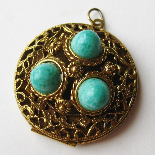 Vintage 60s Czech Glass Gold Filigree Florenza Style Locket Necklace Pendant