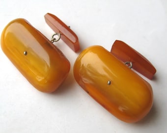 Boutons De Manchette Ambre Baltique Allemand Or 9 Carats - Fabrication Italienne, Caramel