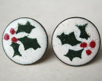 Vintage jaren 50 koperen emaille kersthulst bessen geschroefde oorbellen