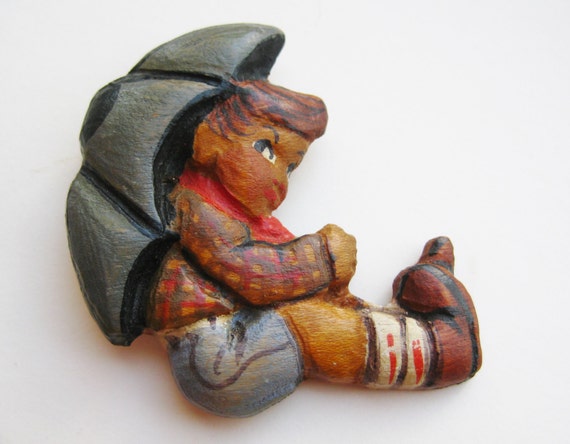 Vintage 40s Hand Carved Wooden Hummel Umbrella Boy