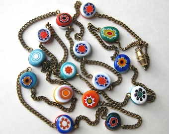 Vintage 50s Italian Venetian Millefiori Multi Color Art Glass 35" Murano Bead Chain Necklace