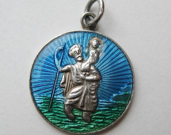 Vintage Sterling Silver Blue Guilloche Enamel St. Christopher Protect Us 5/8" Mini Necklace Pendant Charm