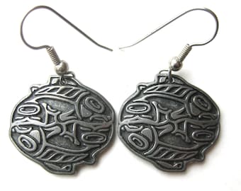 Vintage Pewter Canada Northwest Coast Haida Tlingit Drop Dangle Pierced Earrings