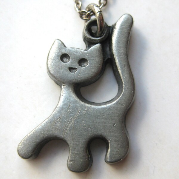 Vintage 60s Pewter R. Tennesmed Swedish Mid Century Modernist Cat Pendant Necklace & Chain