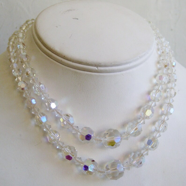 Vintage 50s 60s Sparkling Aurora Borealis Glass Bead Double Strand Mad Men Choker Necklace