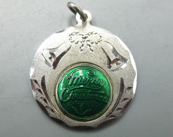 Vintage 60 Charm Merry Christmas Sterling Silver Green Enamel Holiday Bells Bracelet Charm