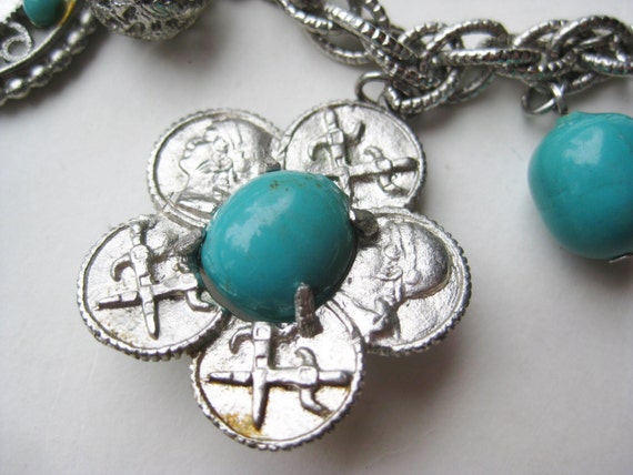 Vintage Coro Silver & Faux Turquoise Novelty Char… - image 2