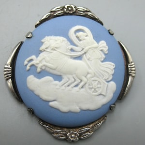 AS IS Vintage Wedgwood Blue Jasperware Chariot Cameo Sterling Silver Brooch Pin