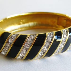 Vintage Swarovski Gold Crystal & Black Enamel Designer Swan Hinged Bangle Bracelet
