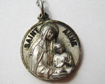 Vintage Sterling Silver Saint Anne Devotional Religious Medal Necklace Pendant & Chain