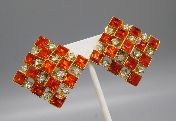 Vintage 80s Orange Gold Rhinestone Checkerboard D… - image 7