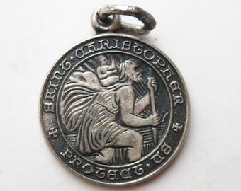 Collier pendentif Saint-Christophe Protect Us Mini Charm en argent sterling vintage des années 40