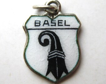 Vintage Charm Basel Switzerland 800 Silver Enamel Travel Shield Souvenir Bracelet Charm