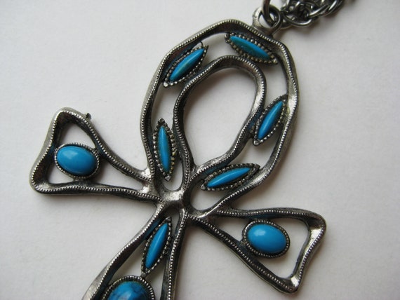 Vintage 60s Faux Turquoise Egyptian Ankh Pendant … - image 2