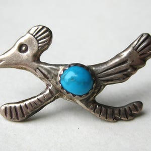 Vintage Navajo Indian Sterling Silver Turquoise Arizona Roadrunner Sandcast Tie Tack Lapel Pin