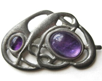 Vintage St. Justin Celtic Pewter Amethyst Brooch Pin