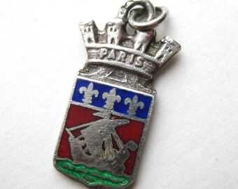 Vintage Charm Paris France Sterling Silver Enamel Travel Shield Souvenir Bracelet Charm