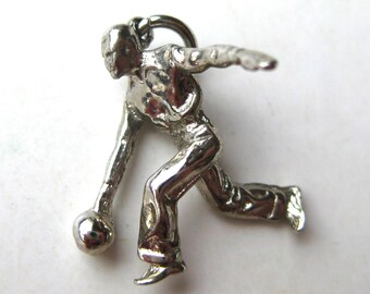 Let's Bowl! Vintage Charm Bowling Man Ball Bowler Sterling Silver Bracelet Charm