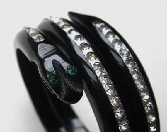 Snake Bracelet Art Deco Carved Black Bakelite Ser… - image 8