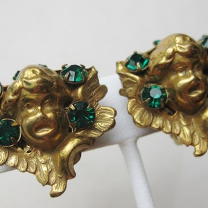 Vintage 40s Gold Miriam Haskell Signed Cherub Angel Jeweled Green Rhinestone Earrings