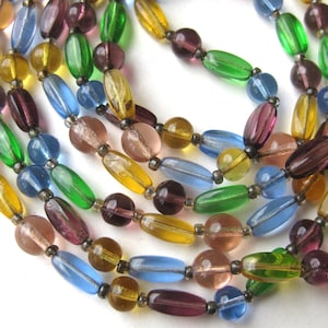 Vintage 20s 30s Blue Green Yellow Pink Clear Czech Glass Bead 60&quot; Long Flapper Girl Necklace