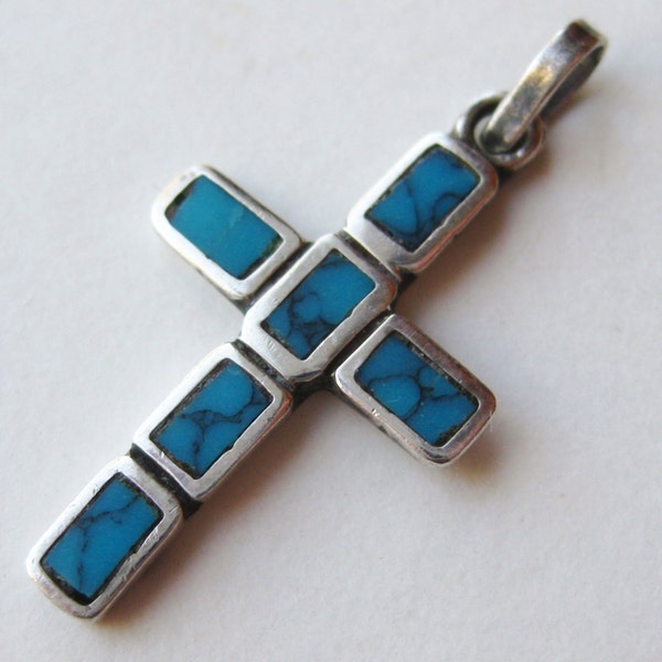 Vintage Taxco Mexican Sterling Silver Turquoise Inlay Small Cross Necklace Pendant