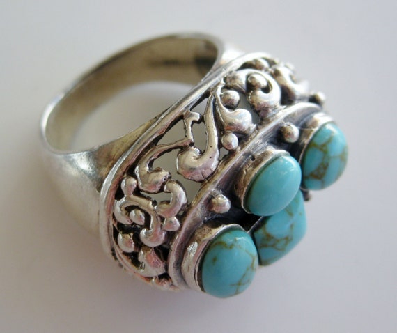 Vintage Ring Blue Turquoise Sterling Silver Cockt… - image 2