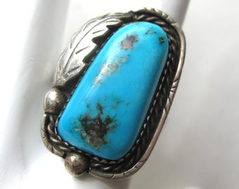 Vintage Old Pawn Silver Blue Morenci Turquoise Navajo American Indian Ring size 10