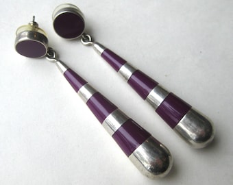 Vintage Taxco Mexican 950 Sterling Silver Sugilite Modernist Drop Dangle Pierced Earrings