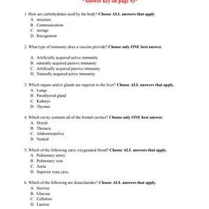 May include: A white paper with the title "ATI TEAS Test 7 * New*" and questions about carbohydrates, immunity, organs, and blood. The answer key is on page 53. The document is labeled as page 1 of 105.