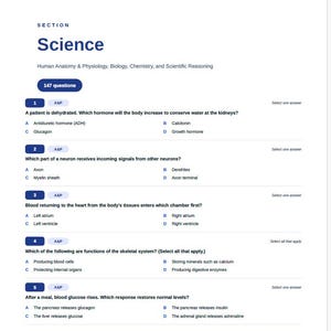 May include: A printed page titled Science Section containing 147 questions for a TEAS 7 practice test. The document lists five multiple-choice questions regarding human anatomy, physiology, biology, and chemistry with labeled answer options A through D.