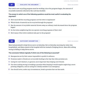 May include: A printed page of logical reasoning test questions numbered 37 and 38. Question 37 asks to evaluate an argument about a recycling program. Question 38 is a sufficient assumption question regarding a promise to help a friend move.