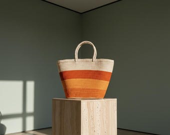 Handmade Woven Straw Tote Bag – Sunset Stripes Beach Purse