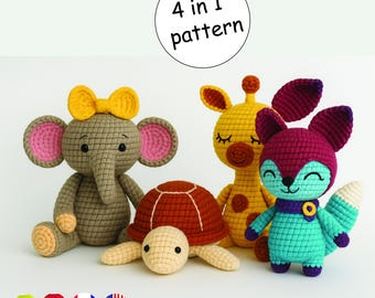 Conjunto de patrones de crochet amigurumi 4 en 1: elefante, tortuga, jirafa y zorro