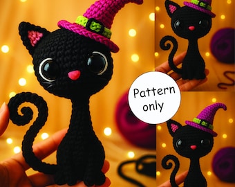 Patrón de crochet de gato negro de Halloween: Gatito bruja amigurumi (PDF)