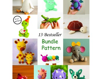 13-in-1 Tiny Beasties with Giant Goose Crochet Pattern Bundle | Crocodile, Elephant, Giraffe, Horse & Turtle