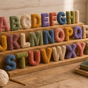 May include: A full alphabet of colorful, crocheted letters displayed on a wooden tiered shelf. Each letter is a different color, including pink, green, yellow, and blue. A ball of yarn and a crochet hook are in the foreground.